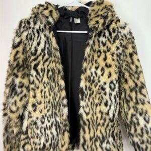 H&M Leopard Faux Fur Hooded Coat